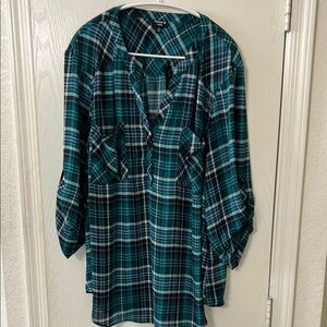 Torrid Teal Plaid Harper Georgette 3/4 Sleeve Blouse